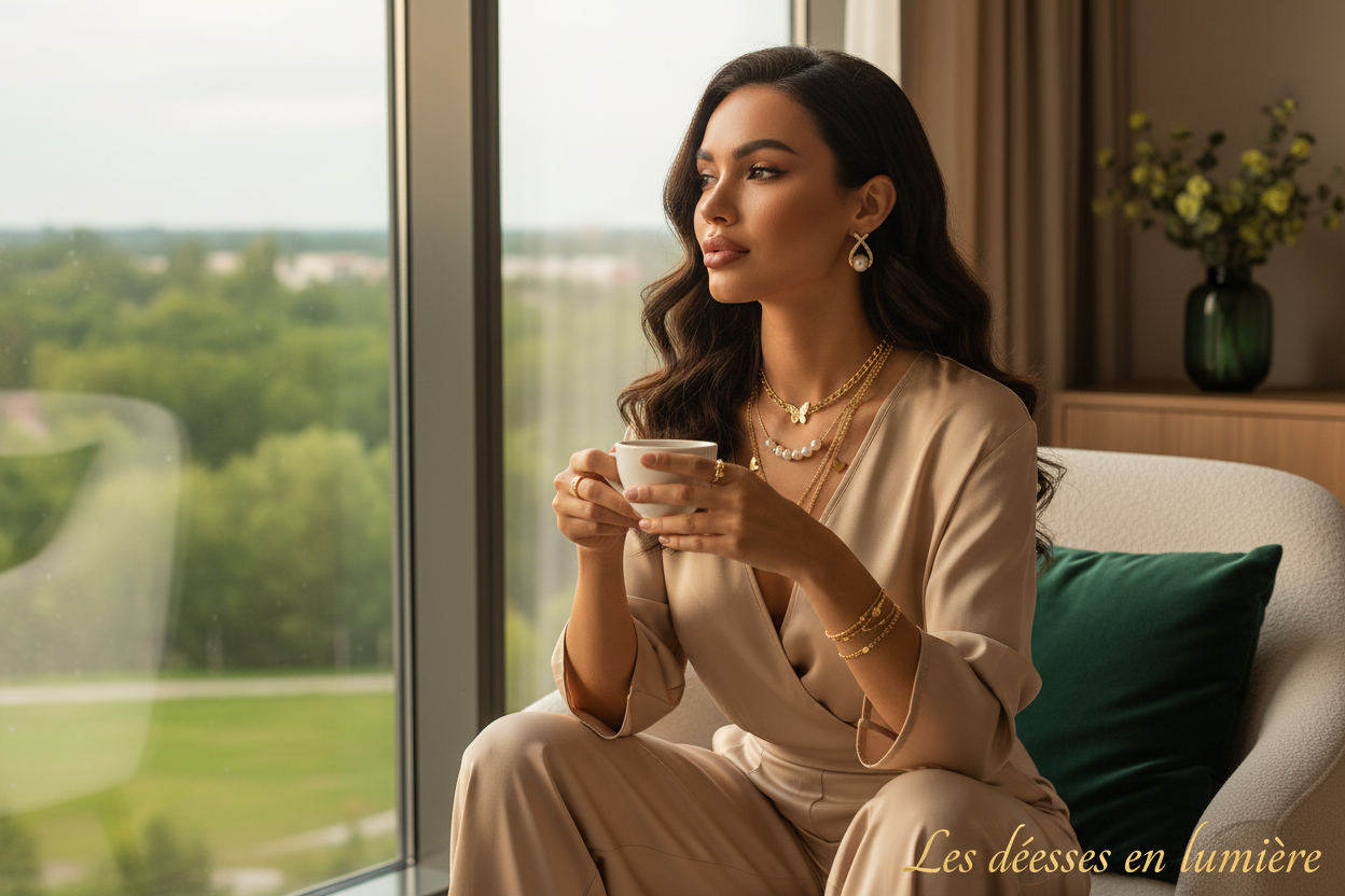 Visuel lifestyle - Femme au café avec bijoux